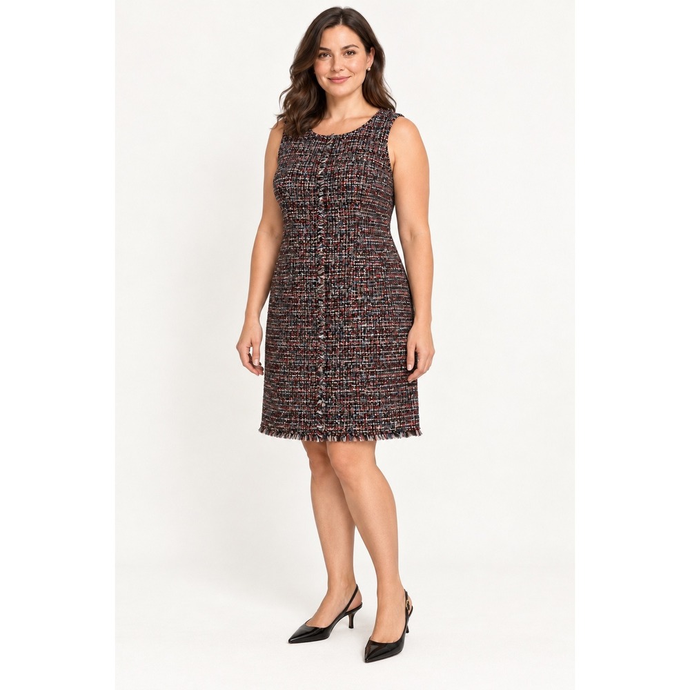 Talbots Bouclé Tweed Shift Dress Size 16 Black Multicolor Wool Blend Fringe